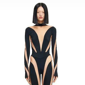 Mugler x H&M Mesh-paneled Bodysuit Beige/black